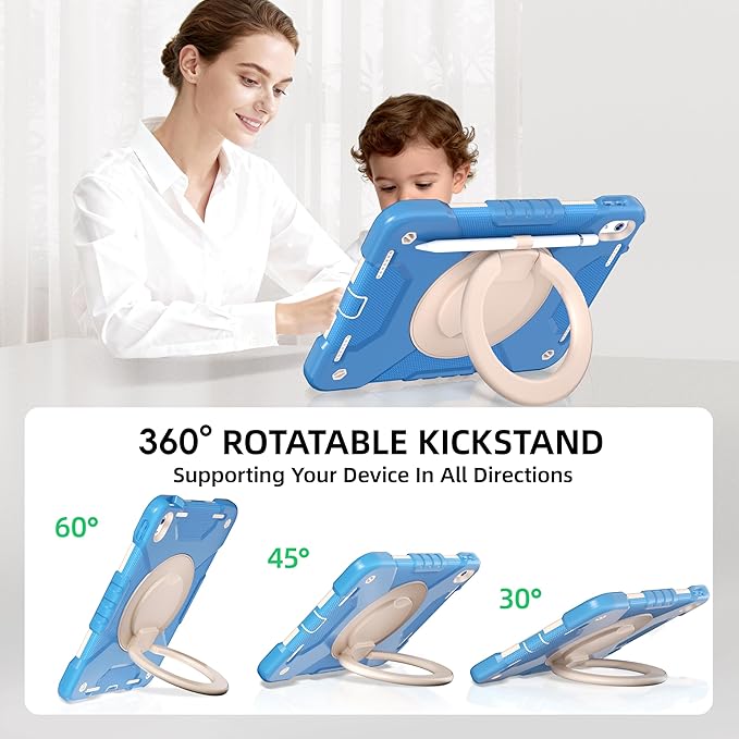 Andnary Case for iPad (A16) 11th Generation 11 inch 2025/10th Generation 10.9 inch 2022, Shockproof Cover with Screen Protector/360° Rotate Handle/Bracket/Pen Holder/Shoulder Strap (Blue+White)