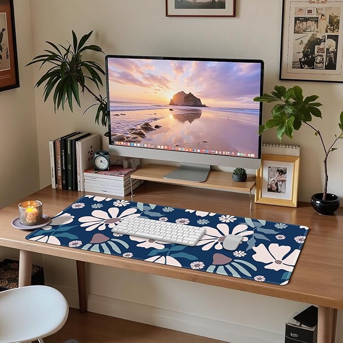 ARTSO Large Mouse Pad, Cute Blue Desk Mat for Desktop,Desk Pad Waterproof Gaming Mousepad for Women Girls, Art Leaf Flower Computer Protector Writing Pad for Office Home