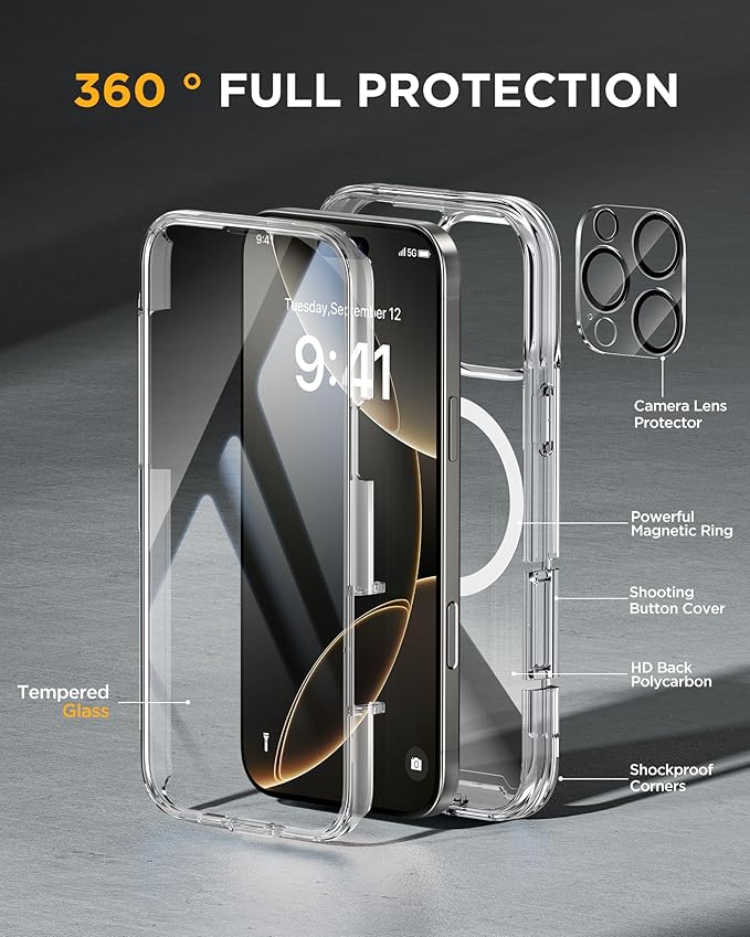 Miracase for iPhone 16 Pro Max Case 6.9'', [Bubble Free] Full-Body Bumper Phone case with Built-in Full Glass Screen &Lens Protector,Compatible with MagSafe,Drop Proof 16 Pro Max Cover,Clear