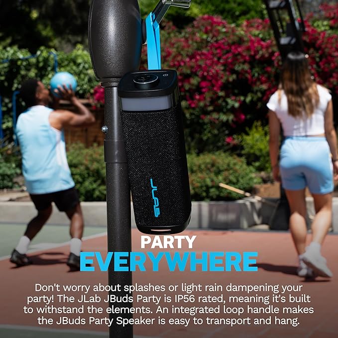 JLab, JBuds Party, Portable Bluetooth Speaker, IP56 Waterproof, Multi-Speaker Connect, RGB Lighting, Black