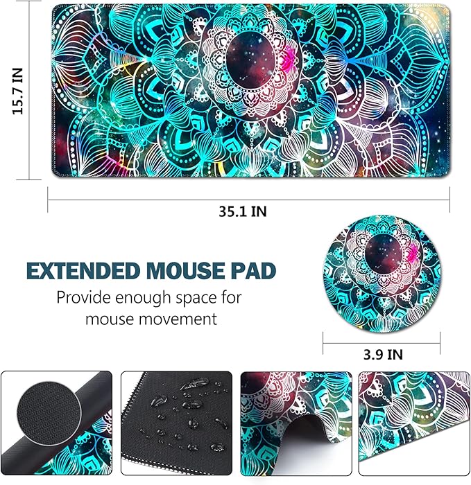 AIMSA Large Gaming Mouse Pad, XXL Keyboard Mouse Mat Extended Desk Pad with Stitched Edges, Durable Non-Slip Base Mousepad for Home Office, 35x15.7inch, Mandala