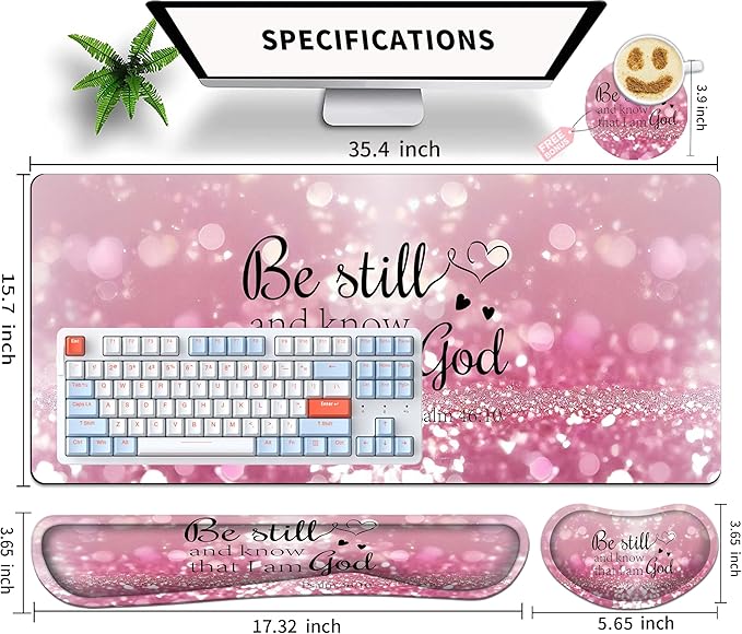 Large Gaming Mouse Pad Set 35.4 x 15.7 with Keyboard Wrist Rest, Wrist Support, and Coaster Memory Foam Smooth Desk Pad Mousepad for Home Office School - Christian Bible