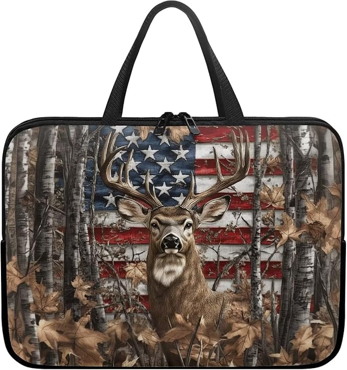 American Flag Deer Forest 17 Inch Laptop Sleeve for Men Women Portable Computer Bag with Handle Tablet Cover Laptop Tote Bag Carrying Case Handbag for Office Travel Business School