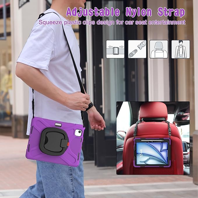 SCSVPN Case for iPad Air 11 Inch M4/M3/M2 (2026/2025/2024), iPad Air 10.9'' 5th/4th Gen 2022/2020, iPad Pro 11 4th/3rd/2nd/1st Gen, Protective Kids Case with Pen Holder, Stand, Shoulder Strap, Purple
