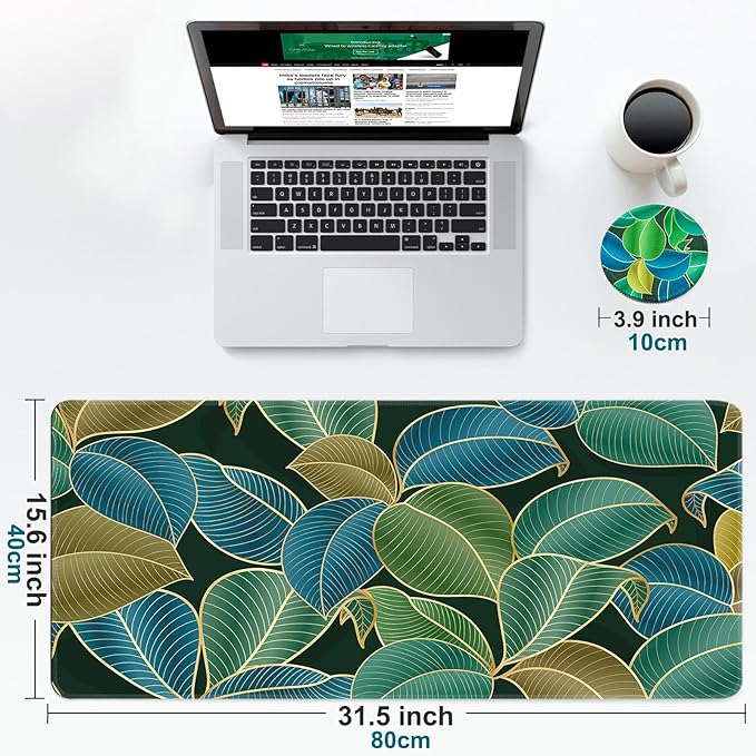 Large Gaming Mouse Pad with Coaster, Desk Matt for Desktop, Desk Pad, Mouse Pads Mat, Stitched Edges Big Extended Mousepad for Computer Keyboard Laptop Office Decor, 31.5'' x15.6''-Leaves 2
