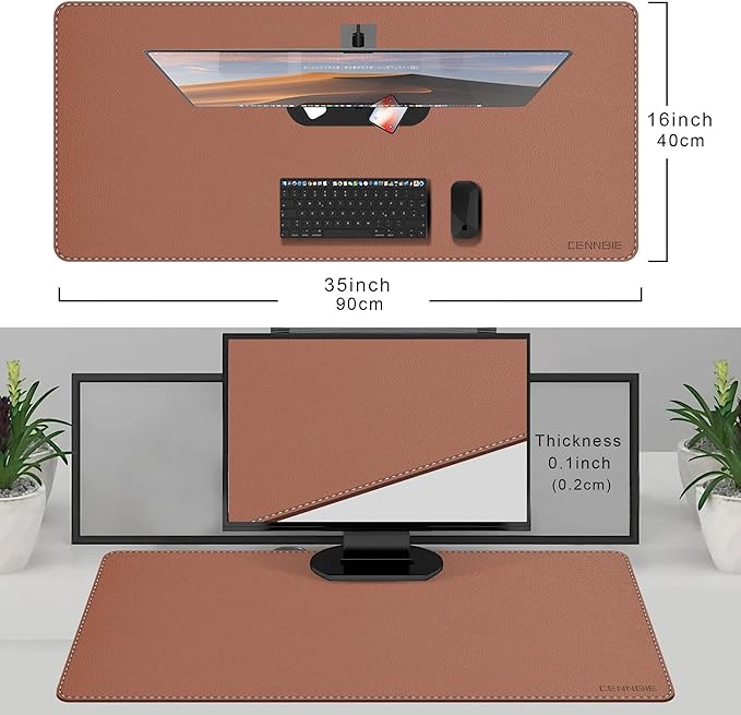 CENNBIE 35.5" x 16" Leather Desk Mat, Non-Slip Waterproof Extra Wide Desk Pad Protector,Computer Mouse Pad for Office Home (Brown)