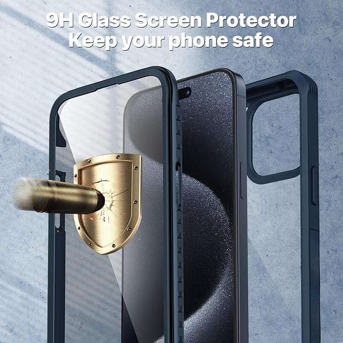 CENHUFO Privacy for iPhone 15 Pro Case, Full Body Phone Case with Built-in 9H Tempered Glass Privacy Screen Protector and Camera Lens Protector, Anti Peep Spy Shockproof Bumper Clear Cover - Blue