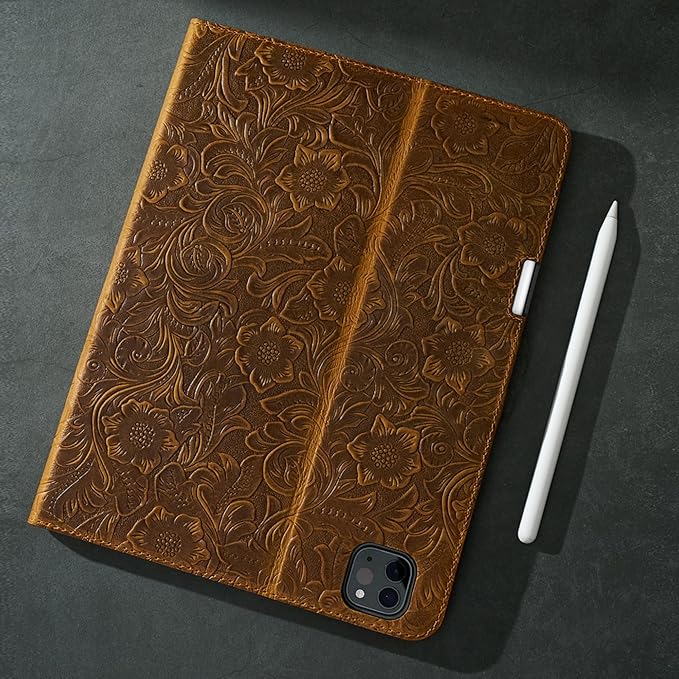 Gexmil Genuine Leather Case for iPad Pro 13 Inch (M5/M4) 2025/2024 with Pencil Holder,Protective Shockproof Smart Premium Leather Folio Cover Adjustable Stand Auto Sleep/Wake Anti-Slip,Flower Brown