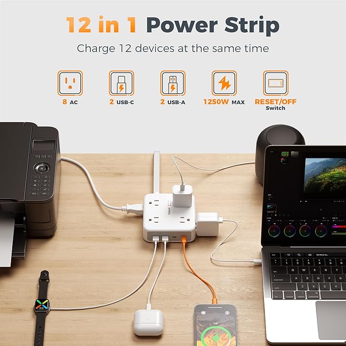 TESSAN 10 Ft Surge Protector Power Strip, 4 USB(2 USB C) 8 Outlets, Flat Plug Extension Cord with Multiple Outlets, 2100J Protection, 20W Desk Charging Station for Home, Office, Dorm Room Essentials