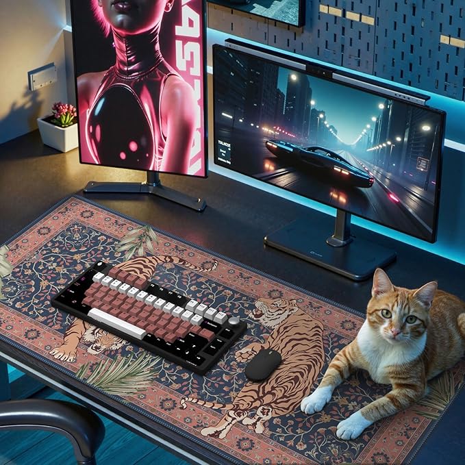 Tiger Desk Matt for Desktop, Floral Gaming Cute Desk Mat, Non Slip Keyboard and Mouse Pad, Stitched Edges Large Desk Pad, Desk Mat for Home Office 35.4 x 15.7 Inches (Pink)