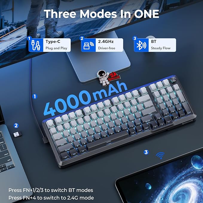 Redragon Wireless Mechanical Keyboard with Knob,Gasket Structure,Tri-Mode BT5.0/USB-C/2.4GHz Hot Swappable Keyboard,Creamy Sound,RGB Backlit PBT Keycaps Computer Gaming Keyboards,K688SP