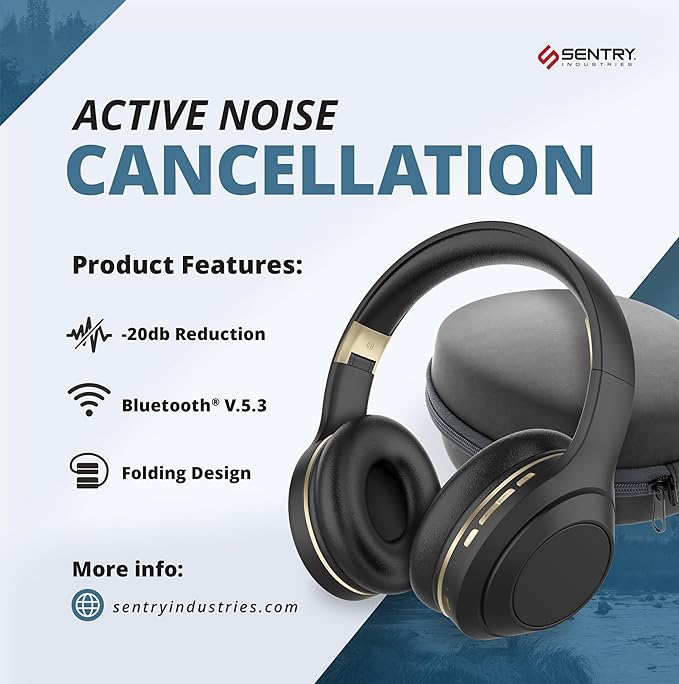 SENTRY OSH Over Ear Bluetooth Wireless Headphones, Active Noise Canceling -20dB Reduction, 22 Hour Battery Life, Control Buttons, Built in Microphone, USB C Charging and Carrying Case Included