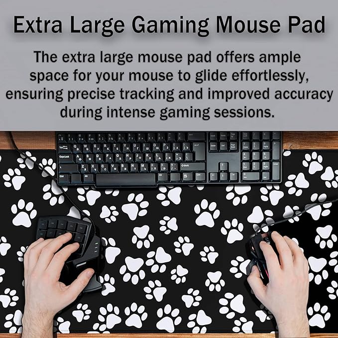 Keyboard Mousepad Black White, Big Mouse Pad Office Desk Pad Non-Slip Rubber Base Waterproof with Stitched Edges, 35.4" X 15.7" for Work/Game/Office/Home Dog Paw. Cat Footprint Dog Paw