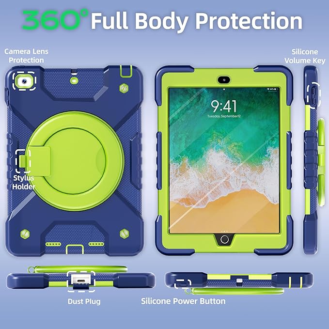 Andnary Case for iPad 6th/5th Generation 9.7 inch 2018/2017 Case, iPad Air 2/Pro 9.7 inch Heavy Duty Protective Cover with 360° Rotate Handle Stand, Pencil Holder, Shoulder Strap (Navy+Green)