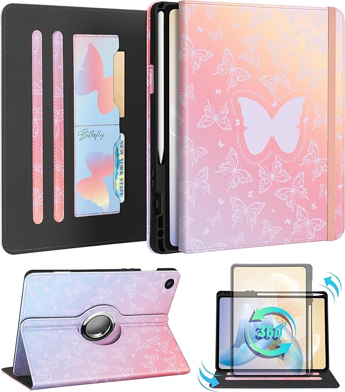 Kidcube for Samsung Galaxy Tab A9 Plus Case 11 Inch - for Women Girls Kids Cute Rotating Stand Folio Cover with Pencil Holder & Card Slot Girly Kawaii Butterfly Design for Samsung A9 Plus Tablet Cases