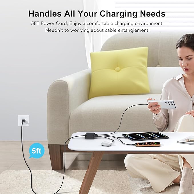 [2026 Updated] USB C Fast Charger, 100W GaN 6 Port Type C Charging Station Hub Block Cube, USB C Wall Charger Power Strip Adapter Plug for iPad iPhone 17 16 15 14 Pro Max Pixel Note Galaxy, 5ft Cord