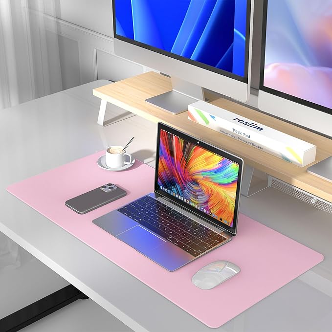 Leather Desk Pad Protector, Mouse Pad, Non-Slip Computer Mat for Desk, PU Leather Office Desk Mat for Home & Office, Waterproof Laptop Desk Blotter for Keyboard and Mouse, Pink (15.7''X31.5'')