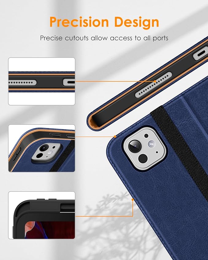 DTTO for iPad Pro 13 inch Case (M5/M4) 2025/2024, Premium Leather Business Folio Stand Cover with Pencil Holder - Auto Wake/Sleep & Multiple Viewing Angles, Built in Hand Strap & Pocket, Navy Blue