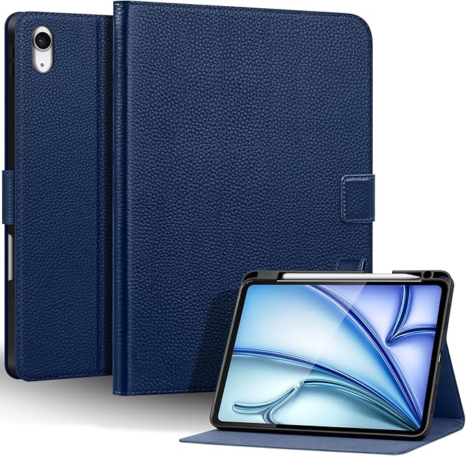 Genuine Leather Case for iPad Air 11" M4 2026/M3 2025/M2 2024, 5th/4th Gen 10.9" | with Pencil Holder and Adjustable Stand, Magnetic Closure, Auto Wake/Sleep Cover | Blue