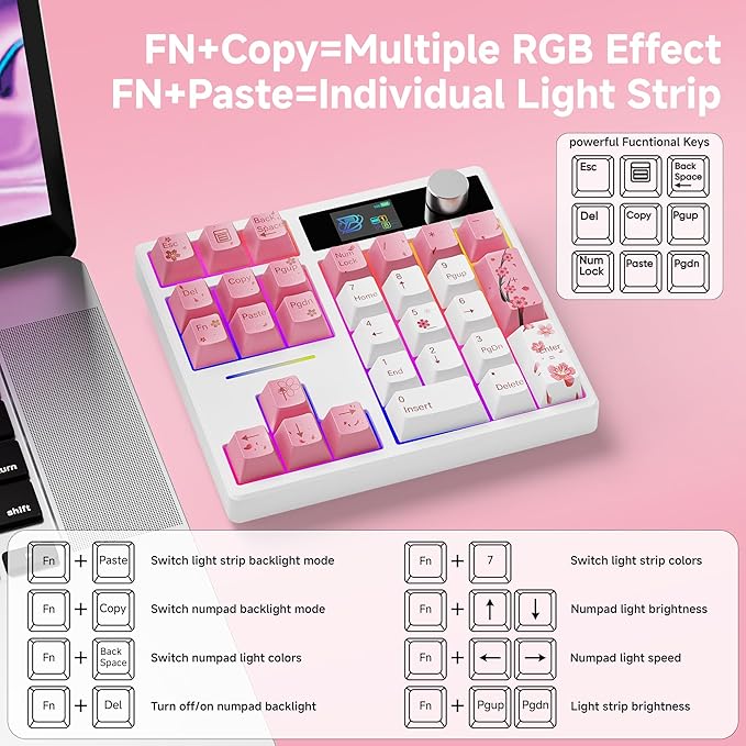 BOYI TD31Pro Gaming Keypad,BT5.0/2.4G/Type-C Wireless Numeric Keypad,RGB HotSwap Numpad Mechanical Number Pad,Gasket Number keypad Shortcut Keyboard(Romatic Cherry Blossom Keycaps)
