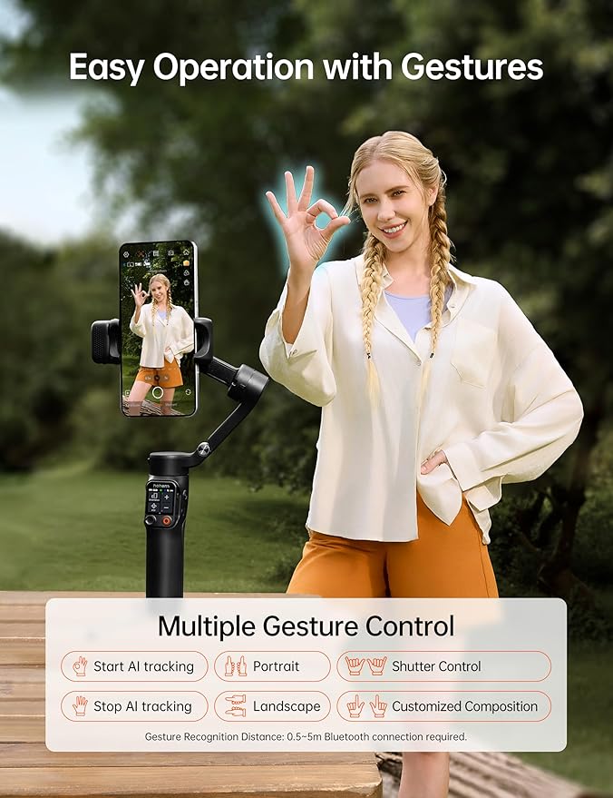 Hohem iSteady V3 Ultra Gimbal Stabilizer for iPhone, AI Tracker with Light, 1.22" Full-color Touchscreen Remote Control, Built-In Extension Rod & Tripod, 360° Infinite Tracking, Video Recording, Black