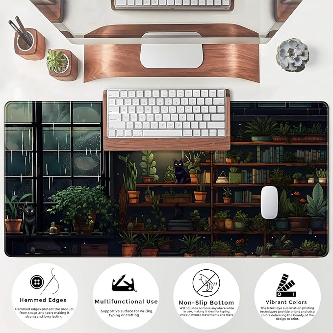 Lofi Cat Desk Mat Dark Green Plant Books Desk Pad Black Cat Aesthetic Anime Big Mouse Pad Large Gaming Mousepad XL Cool Keyboard Pad Deskmat Laptop Computer Mouse Mat 31.5X 15.7in