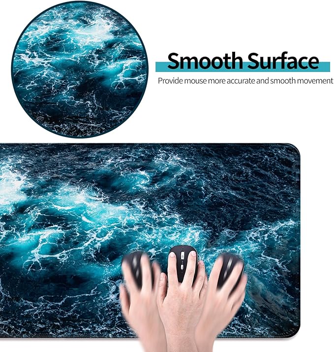 Beach Ocean Waves Gaming Desk Mat, Computer Keyboard Large Extended Sea Mouse Pad for Office and Home, 31.5×11.8 Inches, XL, Blue