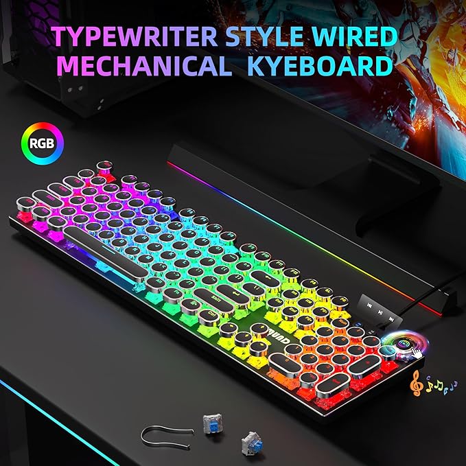K968 Retro Typewriter Mechanical Gaming Keyboard - RGB Backlit Wired with Blue Switches, Media Control Knob for PC
