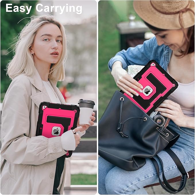 Kids Friendly Case for Apple iPad 10.2" 9th 8th 7th Generation 2021/2020/2019 Case with Pencil Holder & Shoulder Strap, Military Grade Shockproof Kickstand Hard Shell Protective Cover,Black+Rose