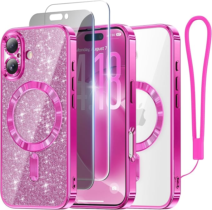 Meifigno Designed for iPhone 17 Case, [Glitter Card & Wrist Strap] [Compatible with MagSafe] [1HD+1X Privacy Screen Protectors] Surround Raised Lens Protection for iPhone 17 Case 6.3 Inch, Hot Pink