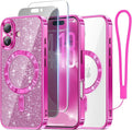 Meifigno Designed for iPhone 17 Case, [Glitter Card & Wrist Strap] [Compatible with MagSafe] [1HD+1X Privacy Screen Protectors] Surround Raised Lens Protection for iPhone 17 Case 6.3 Inch, Hot Pink