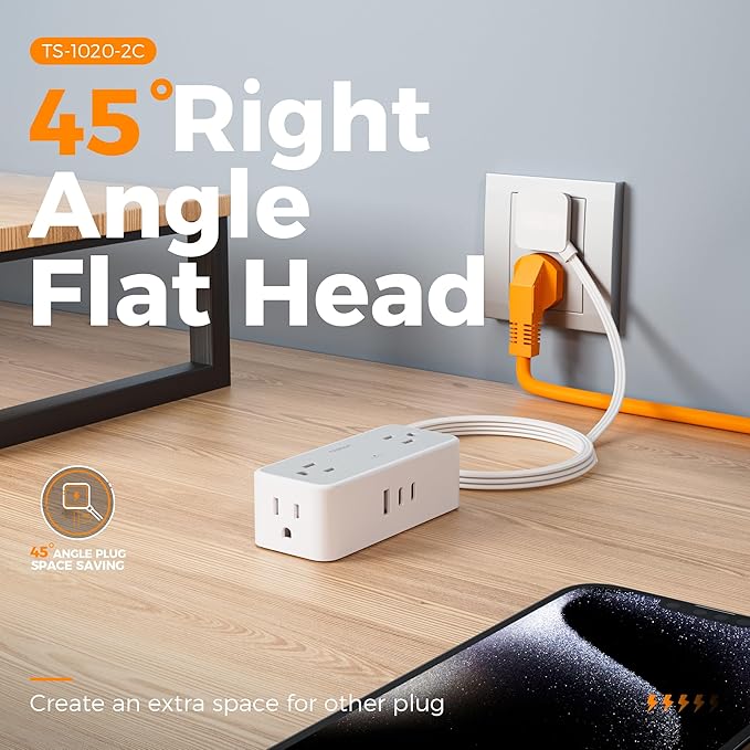 TESSAN Flat Plug Extension Cord 5 FT, Surge Protector Power Strip with 4 AC Outlets 2 USB C and 1 USB A Ports, 900 Joules Protection, Multiple Wall Outlet Extender Suitable for Office Dorm, Grey