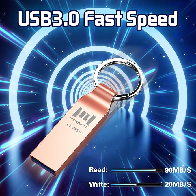 MOSDART 64GB Waterproof USB3.0 Flash Drive, Speed Up to 90MB/S, exFAT Metal Memory Stick with Keychain, for System Back, Data Storage, Rose Gold