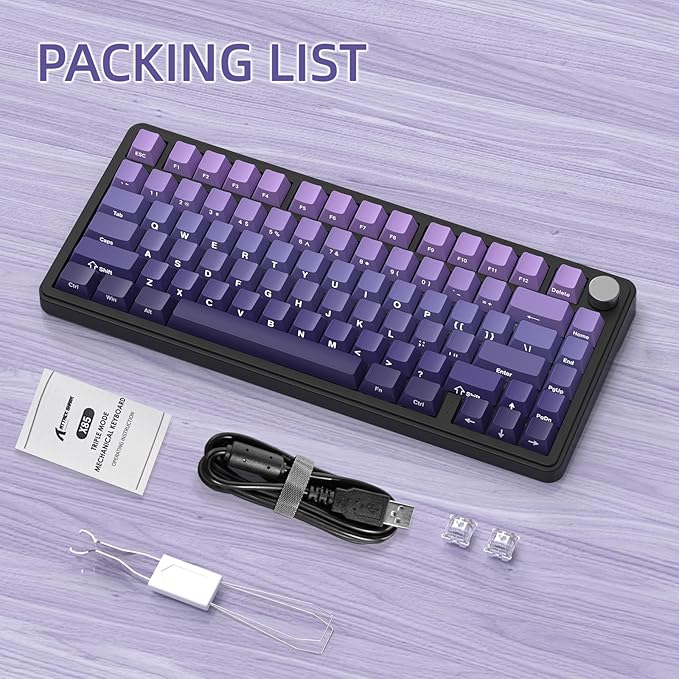 ATTACK SHARK X85 Wireless Mechanical Gaming Keyboard with Knob Hot Swappable BT5.1/2.4Ghz/USB-C Side Print PBT Keycaps 75% Gasket Mount RGB Coiled Cable Linear White Jade Switch for PC/MAC/Win-Purple