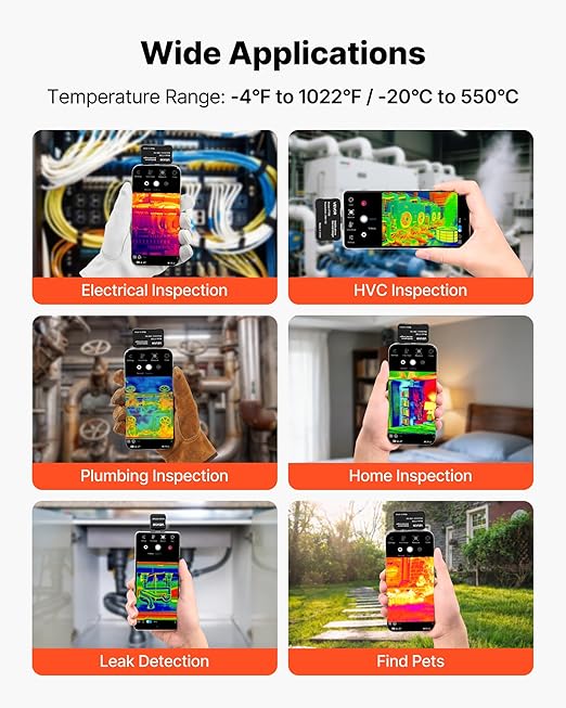 VEVOR Thermal Imaging Camera for Android & iOS, 512 x 384 Super Resolution, 25HZ Refresh Rate Infrared Thermal Imager for Smartphones Tablets, 256 x 192 IR Resolution, -4°F-1022°F & 6 Color Palettes
