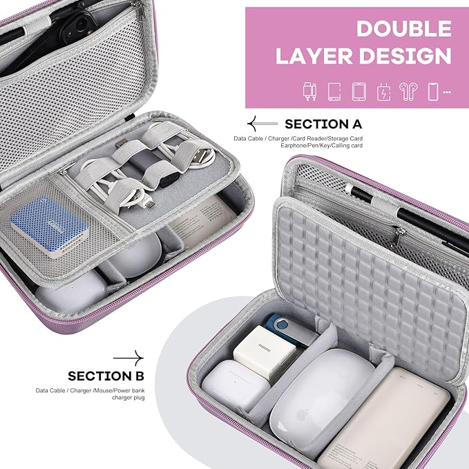 Hard Electronics Organizer Shockproof Carrying Case for MacBook Power Adapter Chargers Cables Power Bank Apple Magic Mouse Apple Pencil USB Flash Disk SD Card Hard Drive Accessories Bag, Purple