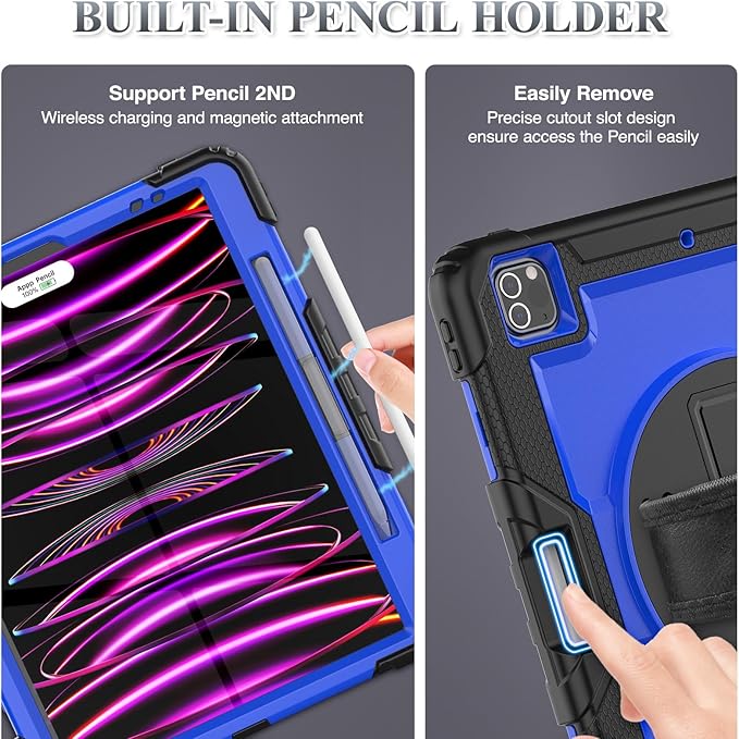 SEYMAC stock Case for iPad Pro 12.9'' 2022/2021/2020/2018 with Screen Protector 360 Rotating Stand Hand Strap, Drop-Proof Case for iPad Pro 12.9''(6th/5th/4th/3rd Generation), Blue/Black