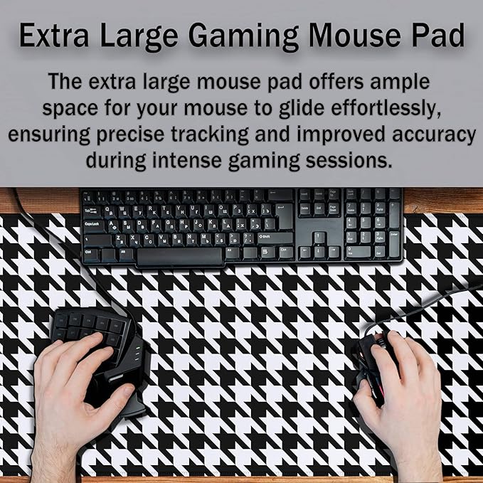 Gaming Mousepad Black and White Desk Mat for Desk Big Mouse Pads Keyboard Pad Home Office Decor Waterproof Non-Slip Rubber Base 35.4" X 15.7" for Game Office, Houndstooth Pattern