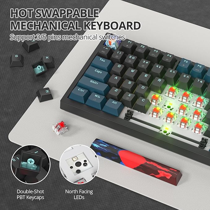 75% Mechanical Gaming Keyboard, Hot Swappable RGB Backlit Custom With Knob, Gasket Mount USB Wired, 82 Keys Black Blue Linear Red Switch (82 Black Blue)