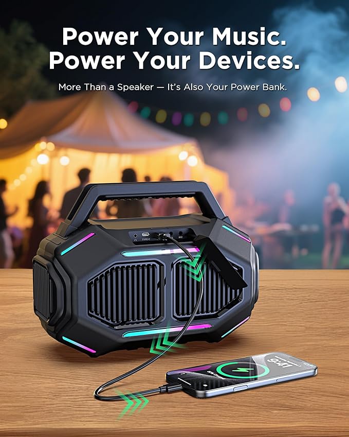 ShellHome Bluetooth 6.0 Speakers Outdoor, 80W(Peak) Loud Speaker with Bass, 30H Playtime, IPX6 Waterproof, RGB Lights, BassUp 2.0, TWS, Portable Large Jobsite Speakers for Workshop, Garage,Yellow