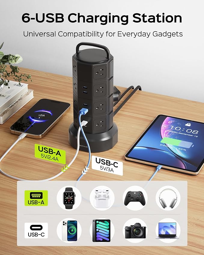 Power Strip Tower Surge Protector, JACKYLED 16 Outlets 6 USB (2 USB C) Charging Station, Extension Cord with Multiple Outlets, 1050J 1625W/13A Outlet Extender 6.5ft Extension Cord for Home Office