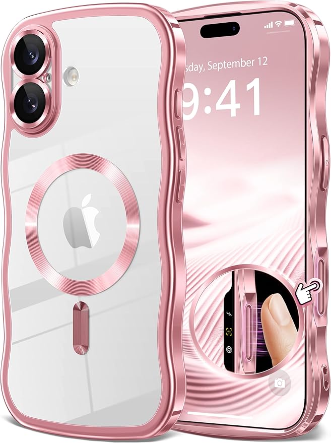 GVIEWIN for iPhone 17 Case Compatible with MagSafe, Upgraded [Full Camera Protection][Cute Wave Frame][Military Grade Protection] Electroplated Hard Phone Cover for Women Girl, Clear/Pink