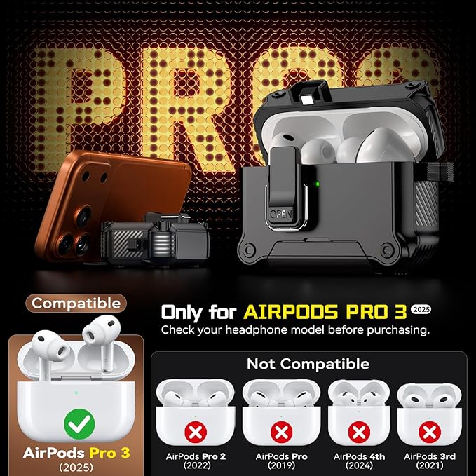Inesore Compatible with AirPods Pro 3 Generation Case,Secure Lock & Phone Stand Design,Compatible with MagSafe,Automatic Snap Switch Secure Cover for New AirPods Pro 3rd (2025)-Black