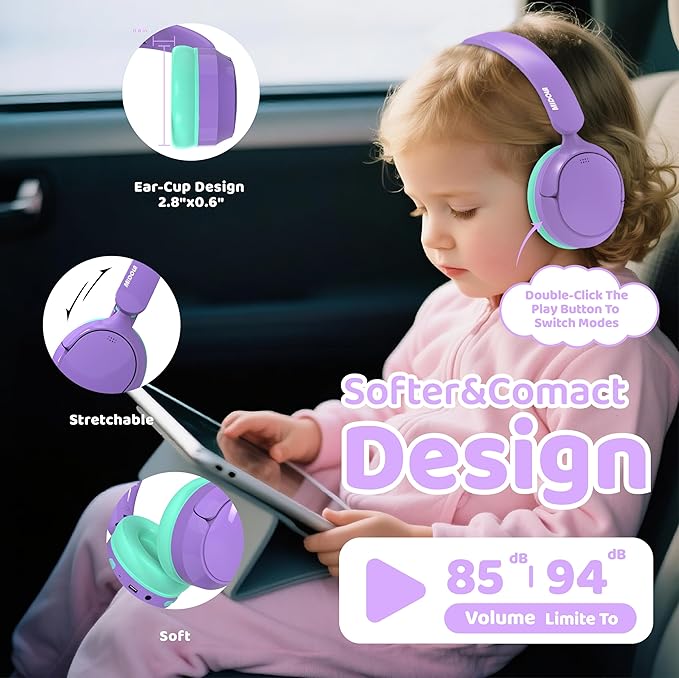 MIDOLA Kids Bluetooth Headphones Active Noise Cancelling,68H Play Time,Lightweight Wireless Foldable Over-Ear Headphone for Kid Toddler,Volume Limited 85/94dB,Headsets with Built-in Mic Purple