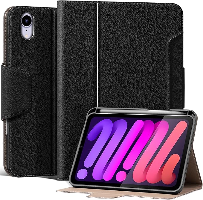 for iPad mini 7 (A17 Pro) 2024 iPad mini 6th Generation 2021 with Pencil Holder,Smart Leather Cover with Buckle, Protective, Auto Wake/Sleep, Adjustable Stand, Multiple View Angles, Black
