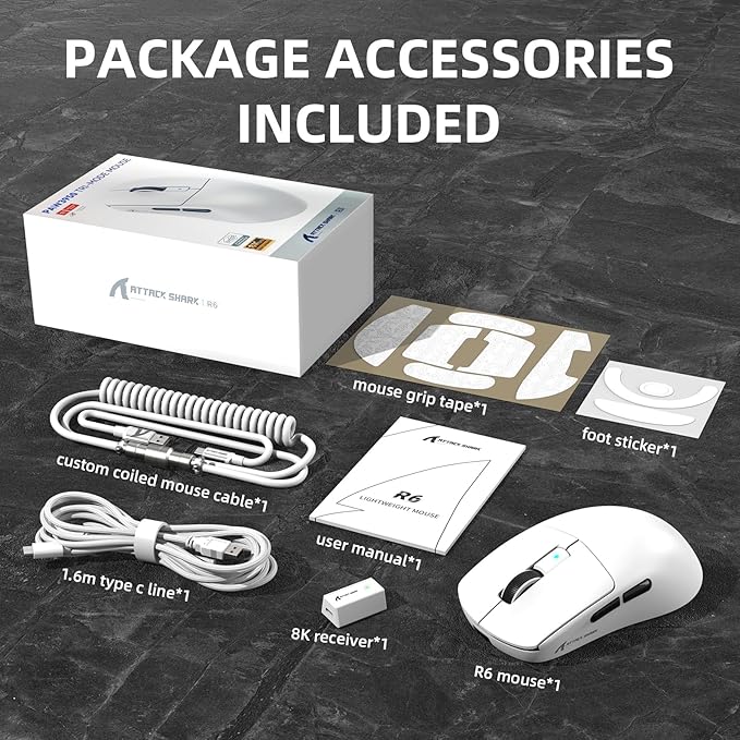 ATTACK SHARK R6 39g Superlight Wireless Gaming Mouse,PixArt PAW3950MAX 42000 DPI,MCU Nodic 52840 Computer Mouse,8K Polling Rate Web Driver,BT/2.4Ghz/Wired Tri-Mode Mice with Coiled Cable-White&Tape