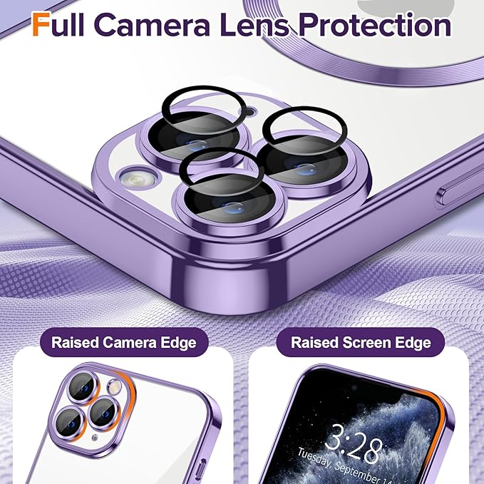 Hython Magnetic Clear for iPhone 11 Pro Max Case with Camera Lens Protector [Compatible with MagSafe] Plating Edge Slim Soft TPU Cover Protective Phone Case for iPhone 11 Pro Max 6.5", Light Purple