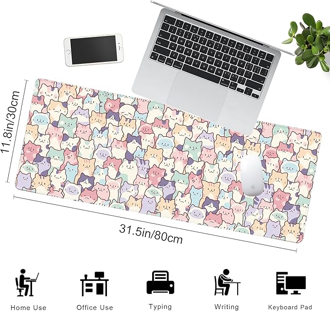 Cute Colorful Cats Large Gaming Mouse Pad for Desk,XL Big Mouse Pad Gaming Mat,Mousepad Desk Pad with Non-Slip Base and Stitched Edges,Keyboard Mouse Mat for Home Office Work,31.5 x 11.8 in