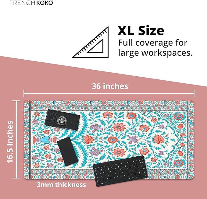 French KOKO Large Desk Mat 36" x 16.5" – Boho Floral Tapestry Mouse Pad for Keyboard & Mouse – Non-Slip Waterproof Desk Protector Aesthetic Office Pad for Women