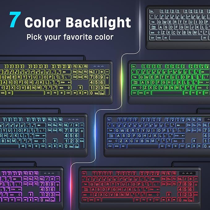 Luzarriba Large Print Backlit Computer Keyboards, 7 Colors Backlight USB Keyboard, Plug-and-Play, Foldable Stands, Corded Full Size Keyboard for Windows, PC, Laptop (Black, Large)